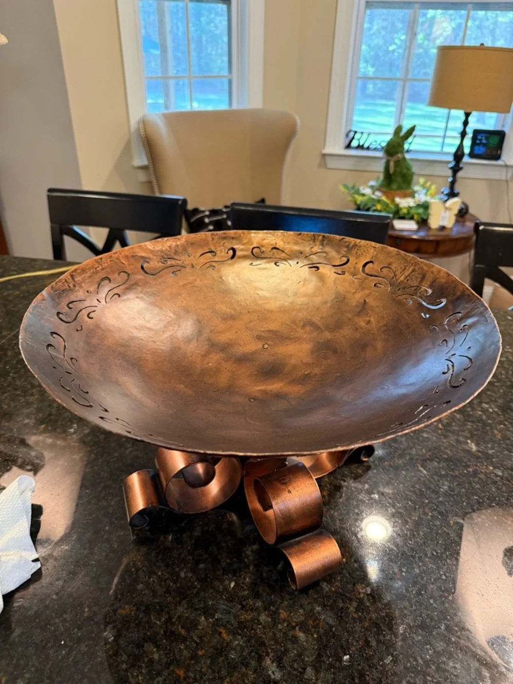 Decorative Hammered Copper Scroll Pedestal Bowl